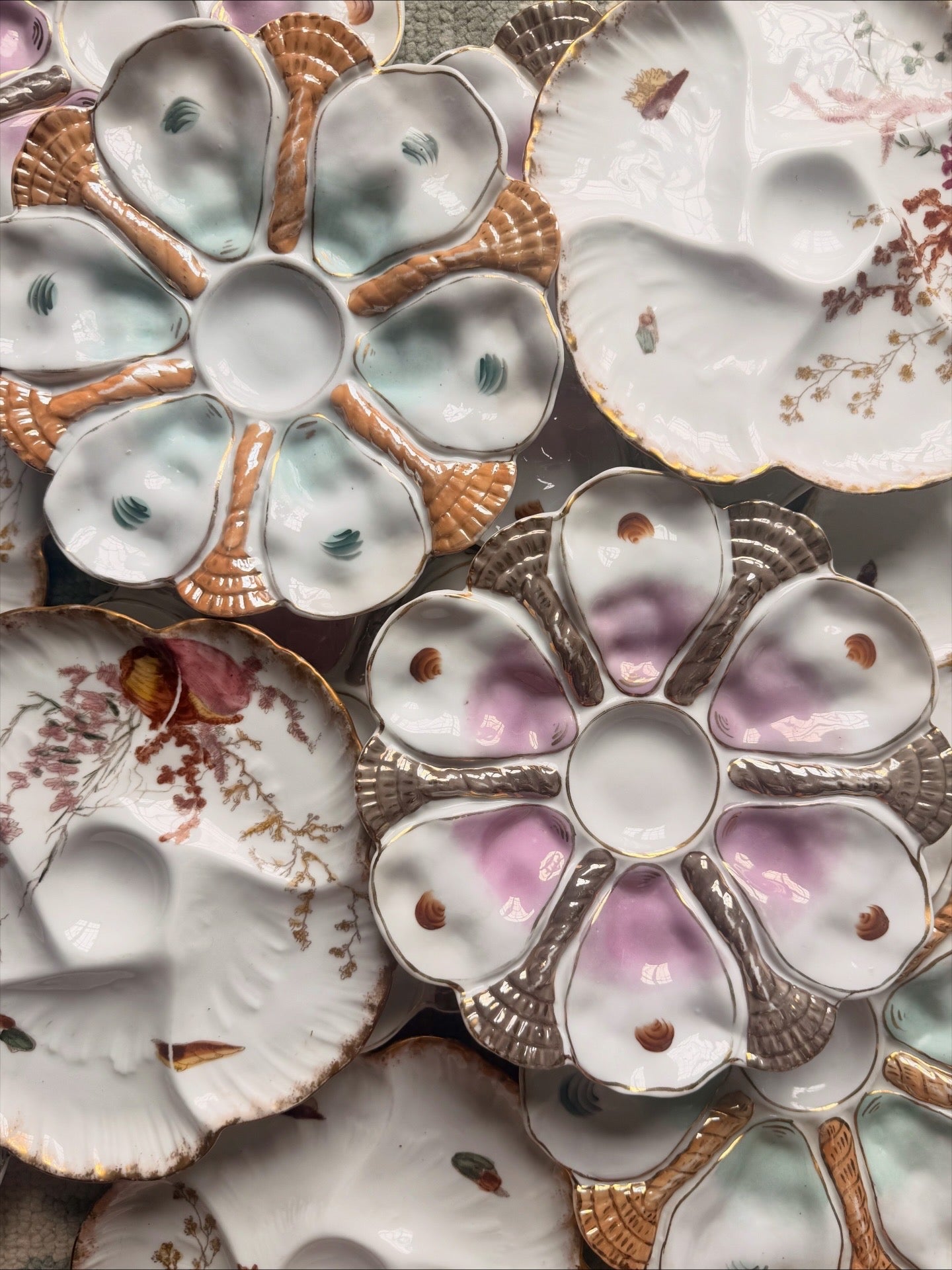 Antique French Porcelain Oyster Plates Seafoam