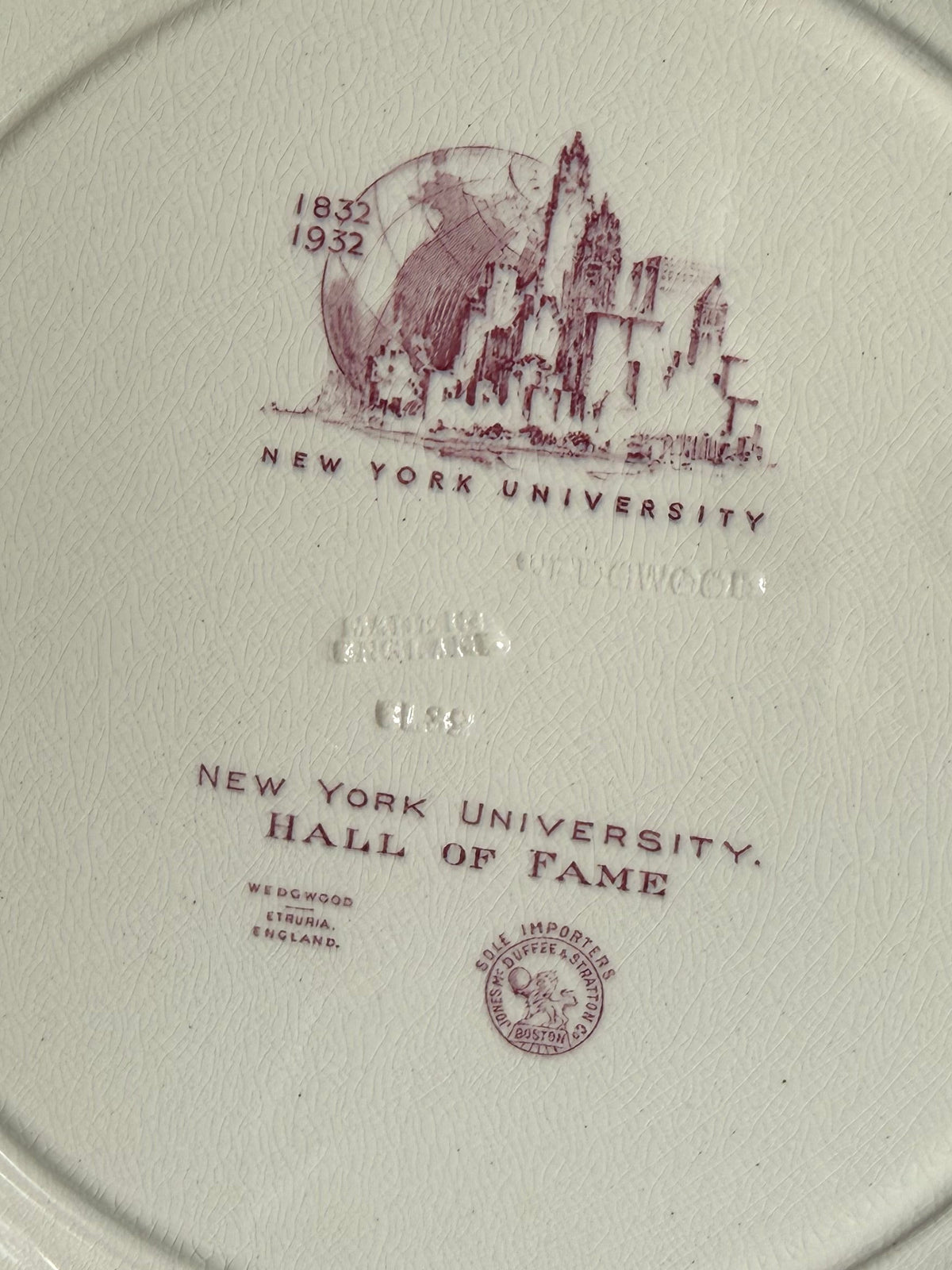 New York University Vintage Wedgwood Plate