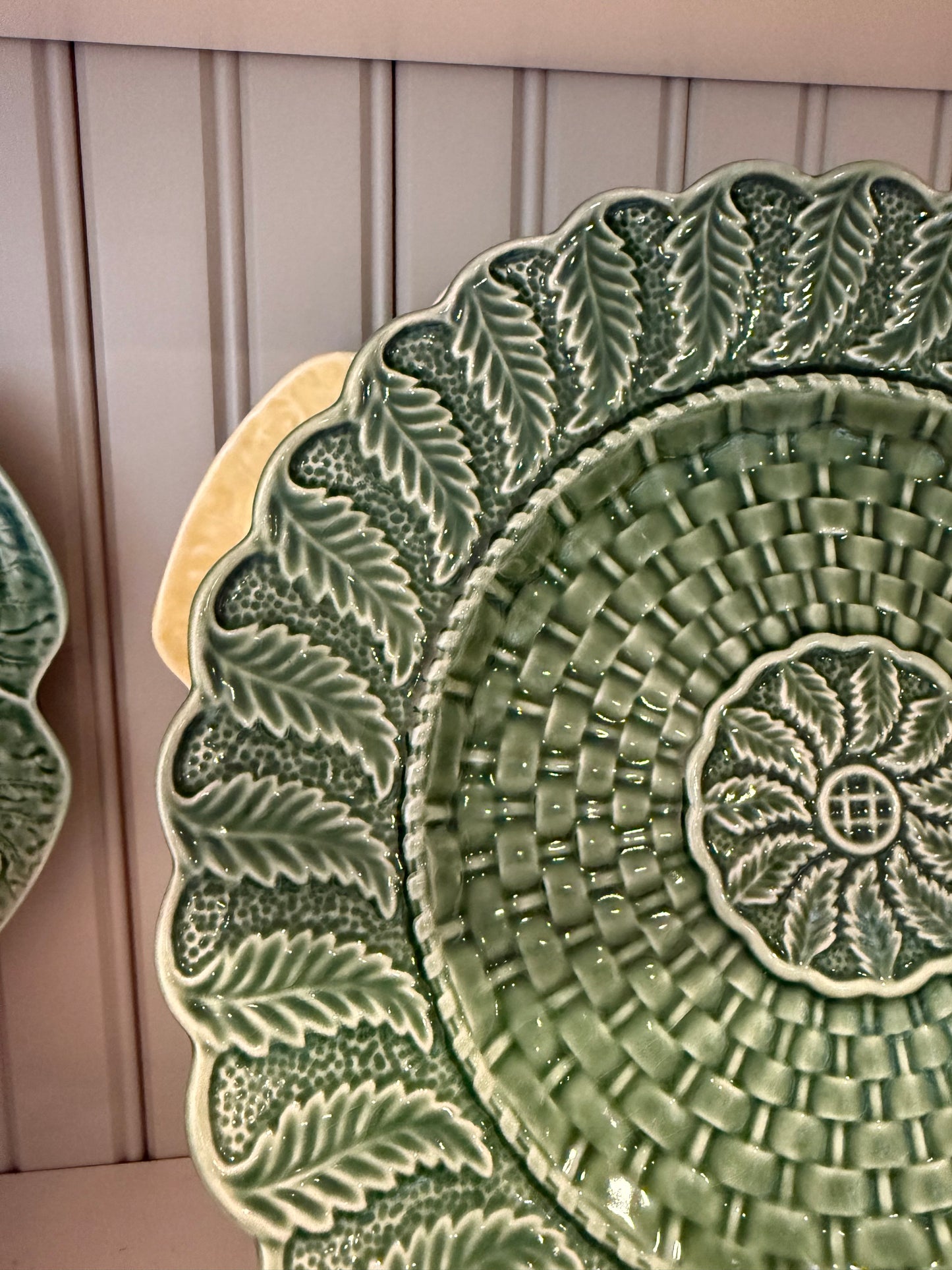 Pair of Vintage Bordallo Pinheiro Basketweave Green Dinner Plates