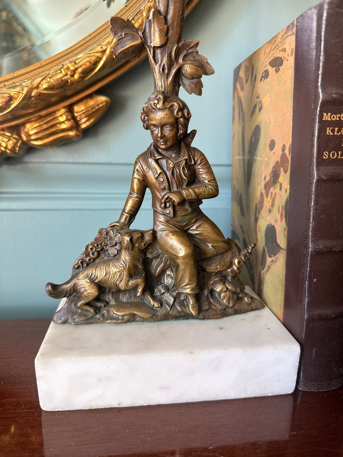 Pair of Antique Cast Bronze and Marble Candlesticks