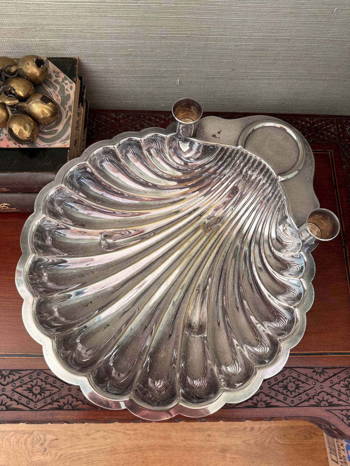 Vintage Silverplate Shell Dish with Candlesticks