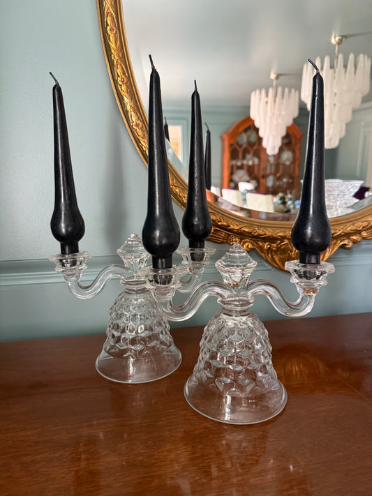 Pair of Vintage Fostoria American Double Arm Bell Candlesticks