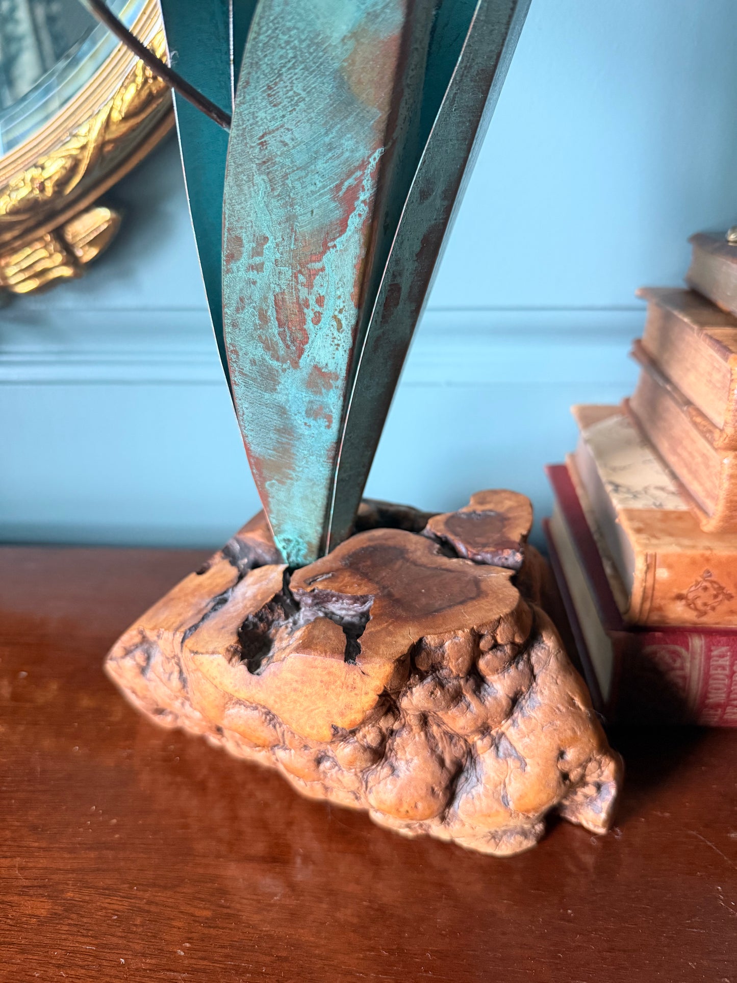 Vintage Brutalist Metal Iris with Natural Burl Wood Base
