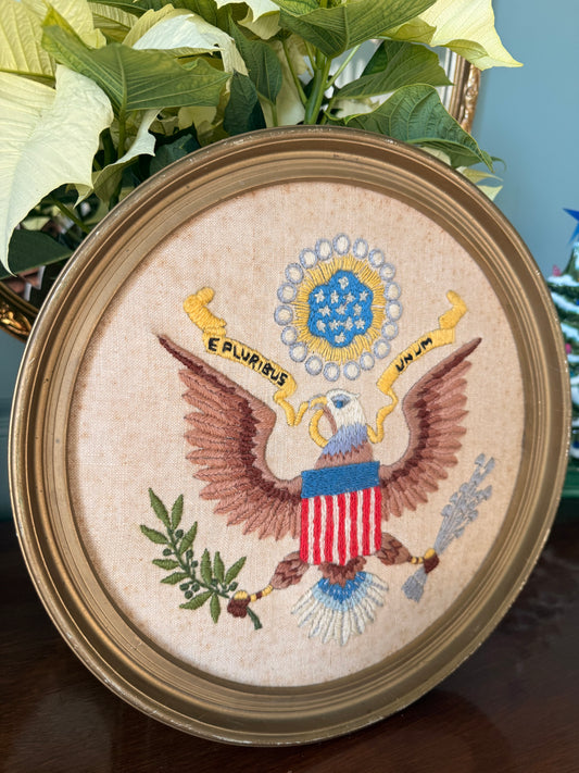 Vintage Crewel Embroidery United States Bald Eagle Seal