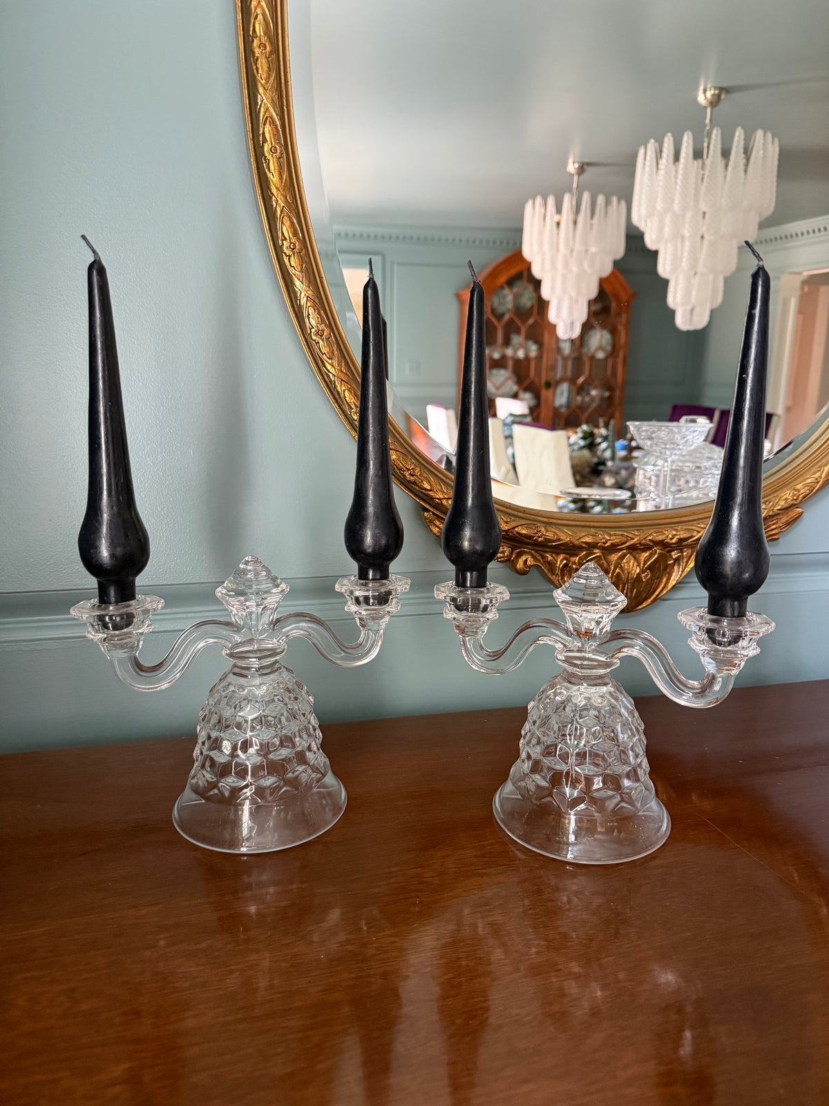 Pair of Vintage Fostoria American Double Arm Bell Candlesticks