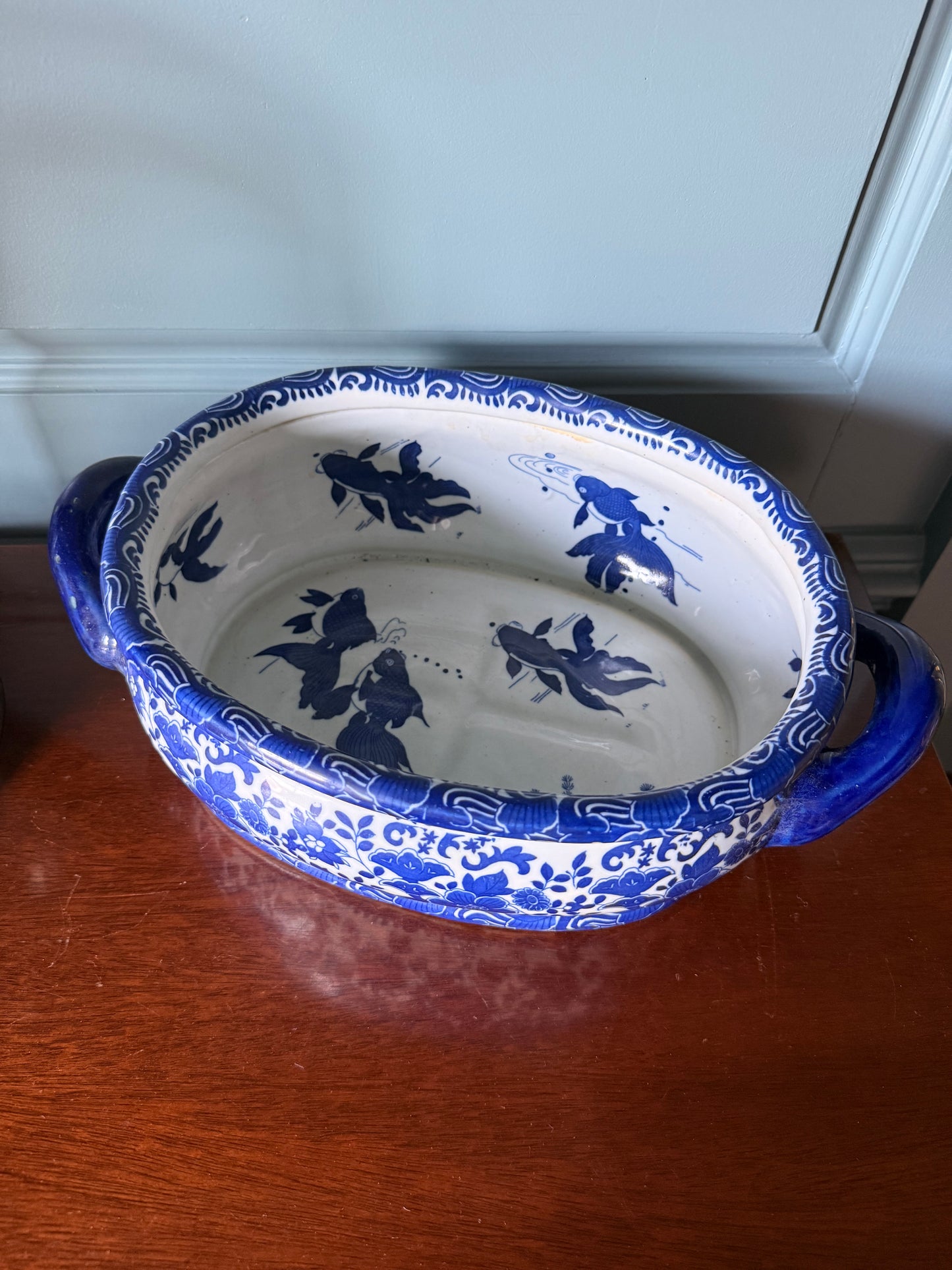 Chinoiserie Blue and White Footbath with Koi Fish