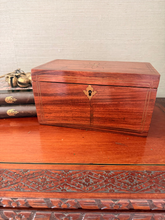 Antique English Mahogany Tea Caddy, Brass Inlay
