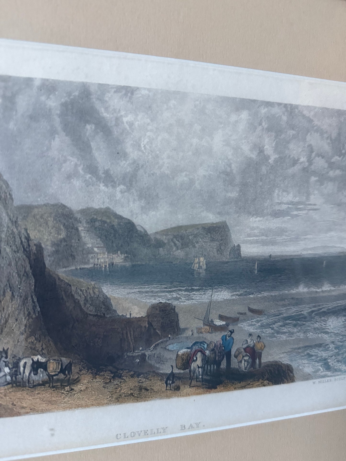 Antique Hand-Colored Engraving, Clovelly Bay