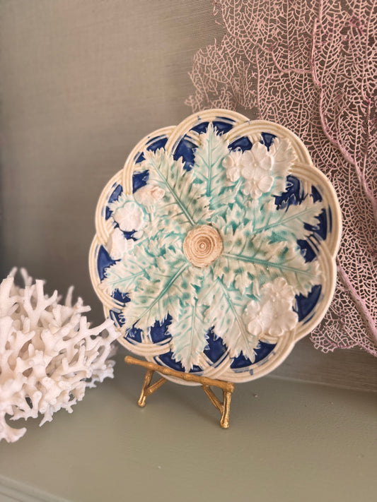Antique Majolica Leaves on Basket Weave Plate