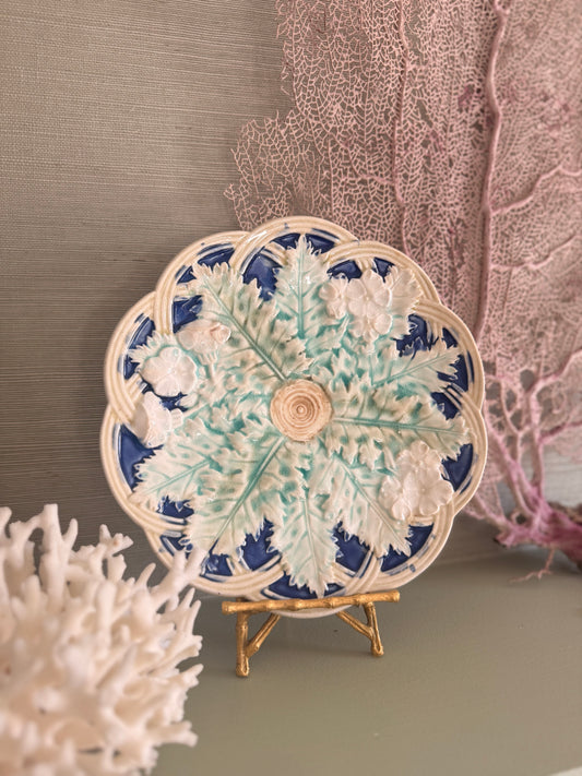 Antique Majolica Leaves on Basket Weave Plate
