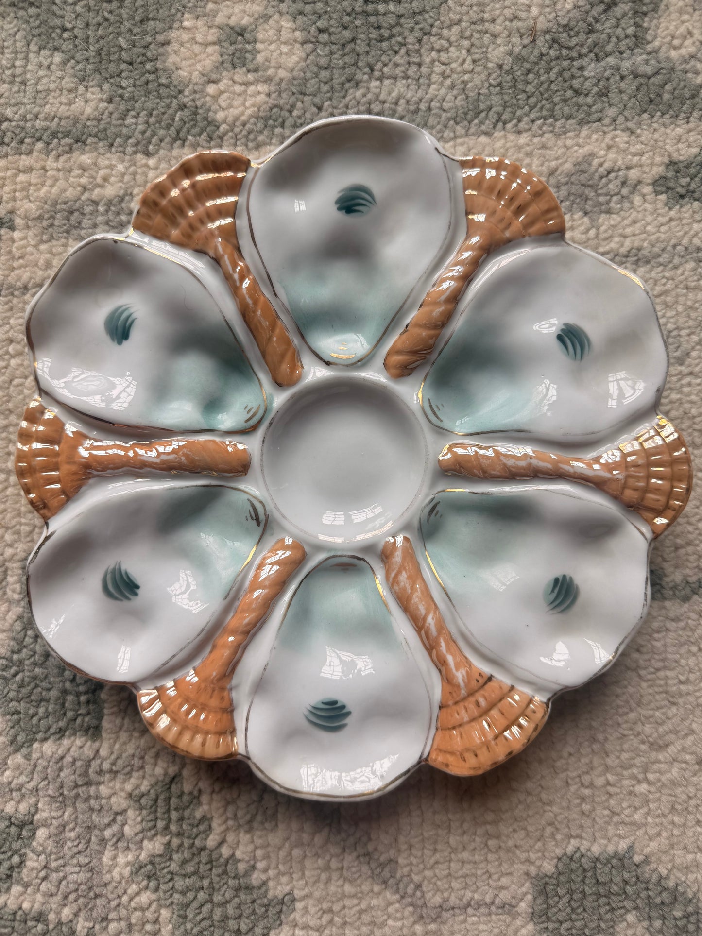 Antique French Porcelain Oyster Plates Seafoam