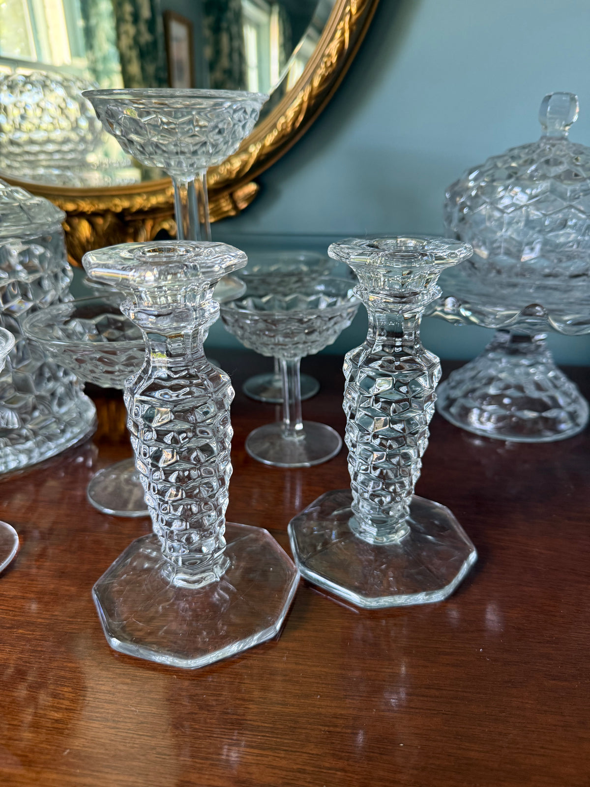 Pair of Vintage Fostoria American Octagonal Base Candlesticks