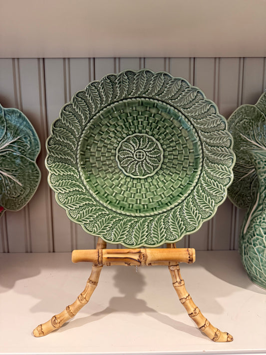 Pair of Vintage Bordallo Pinheiro Basketweave Green Dinner Plates
