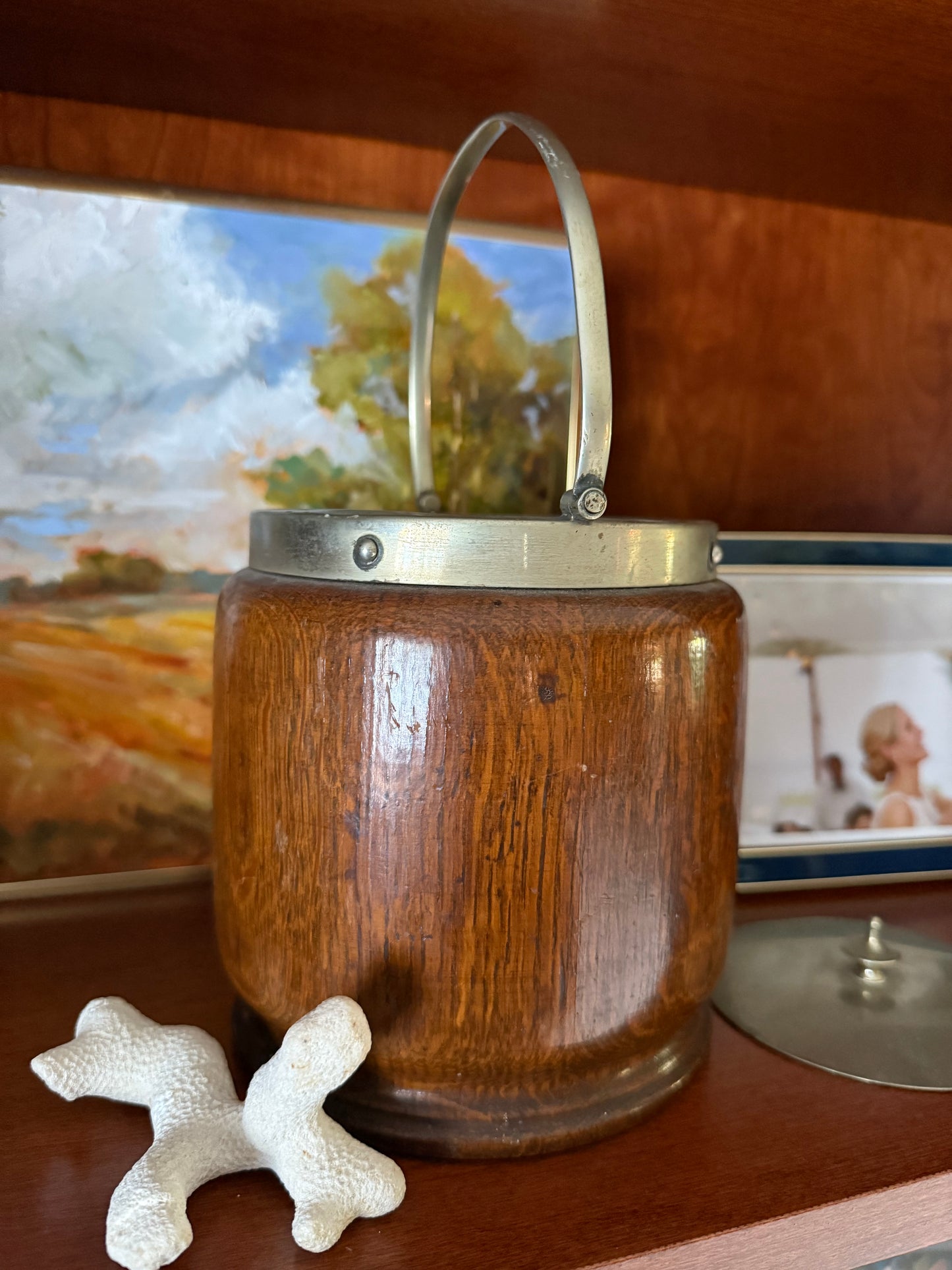 Antique English Oak and Silverplate Biscuit Barrel