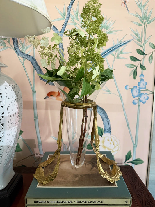Vintage Neoclassical Brass & Fluted Glass Vase