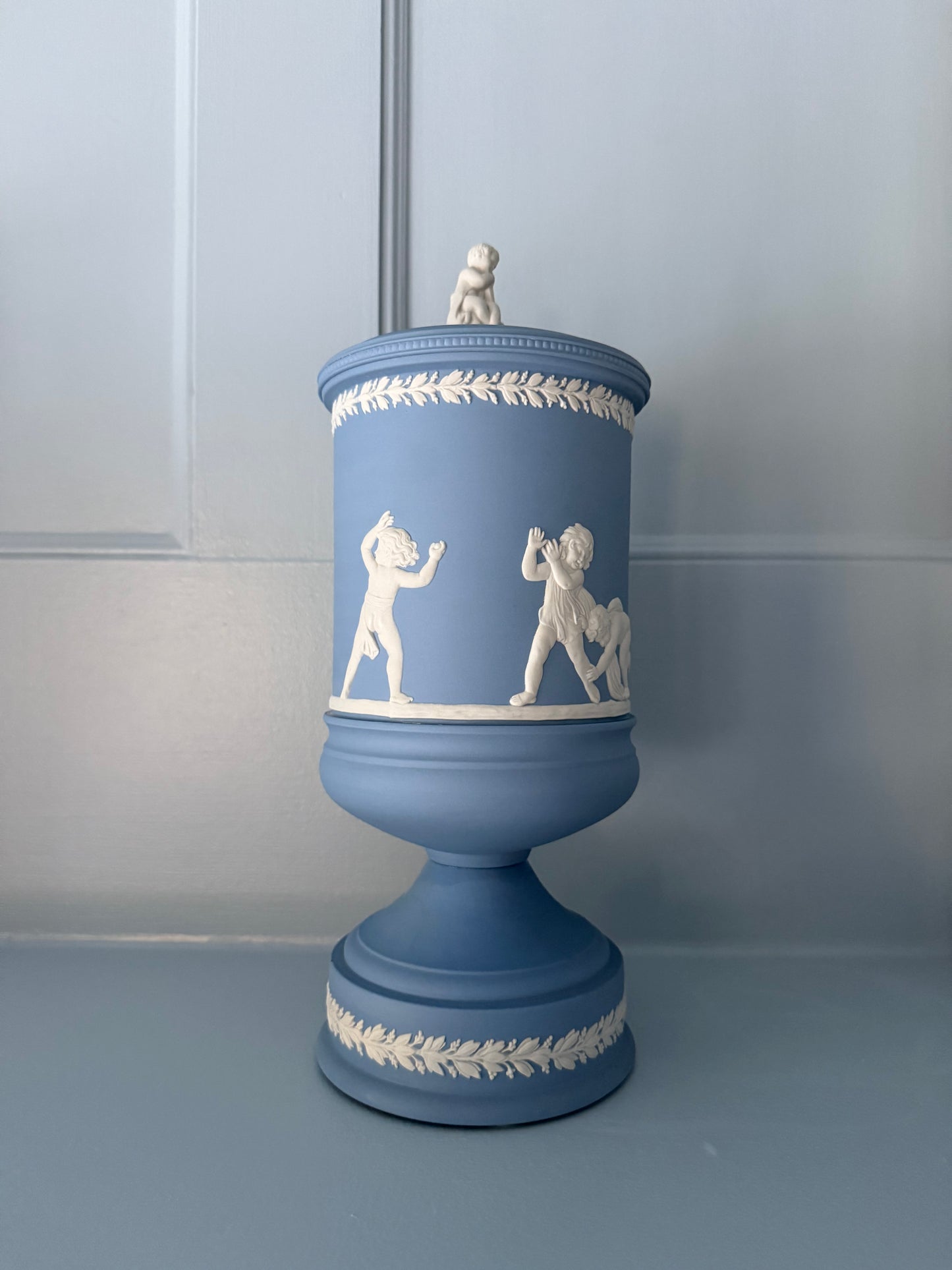 Wedgwood Jasperware Cream on Lavender Lidded Urn with Cherubs