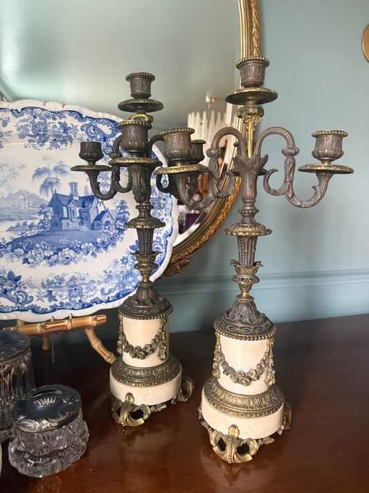 Pair Antique Bronze and Marble Four Stick Candelabras