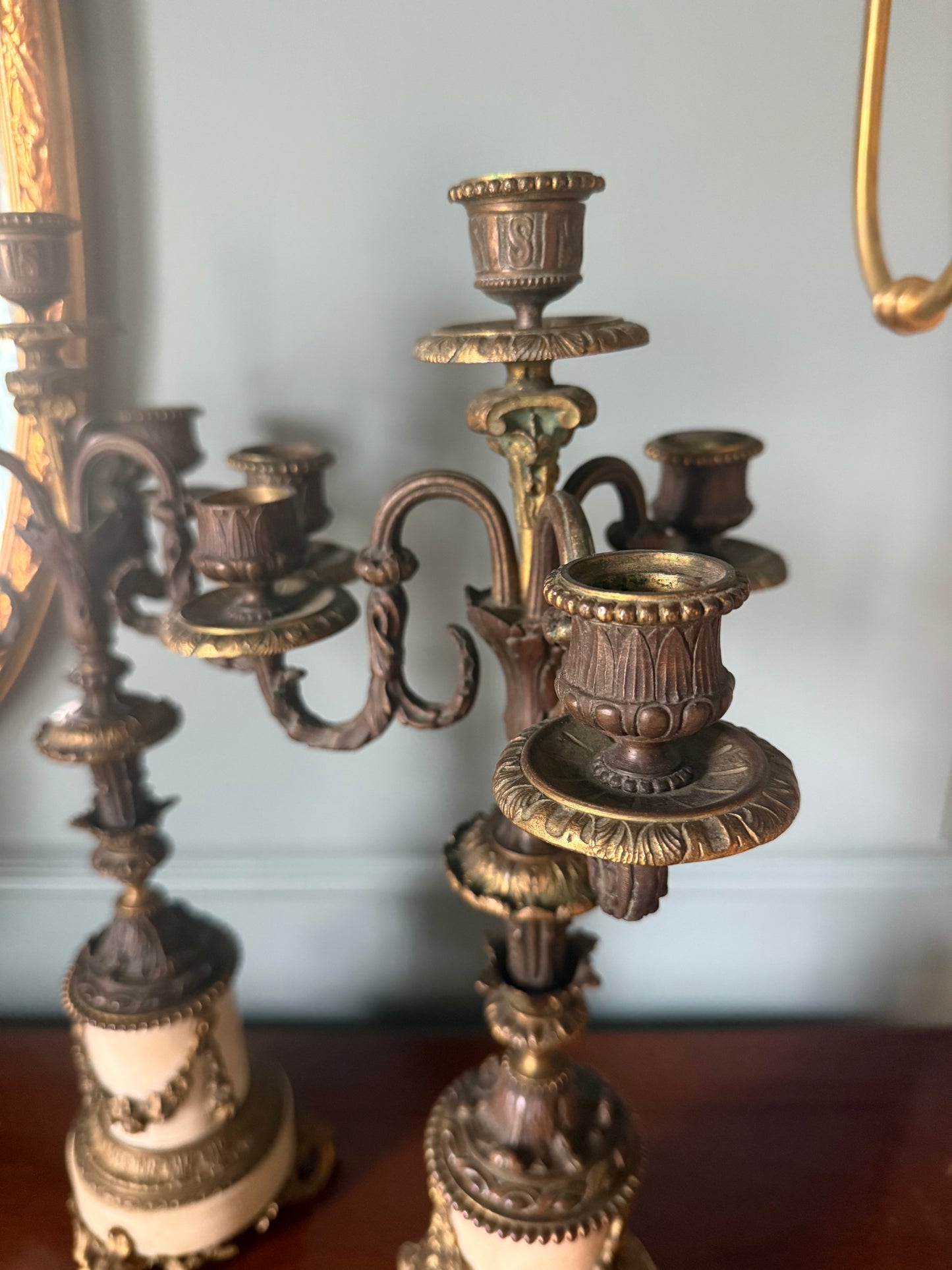Pair Antique Bronze and Marble Four Stick Candelabras