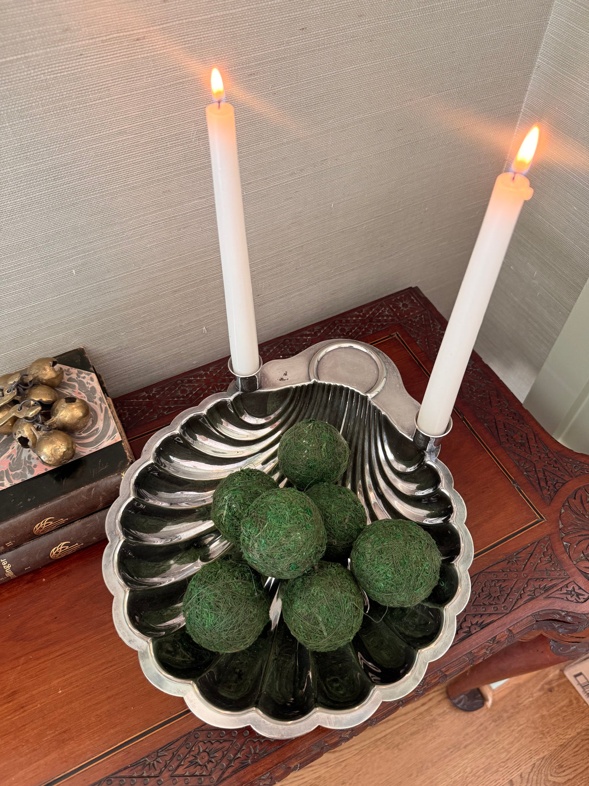 Vintage Silverplate Shell Dish with Candlesticks