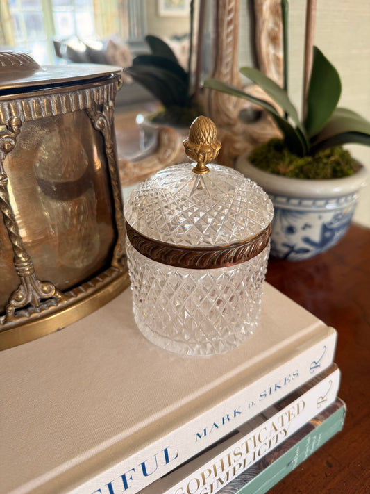 Vintage Cut Crystal and Brass Plated Canister with Acorn Knob