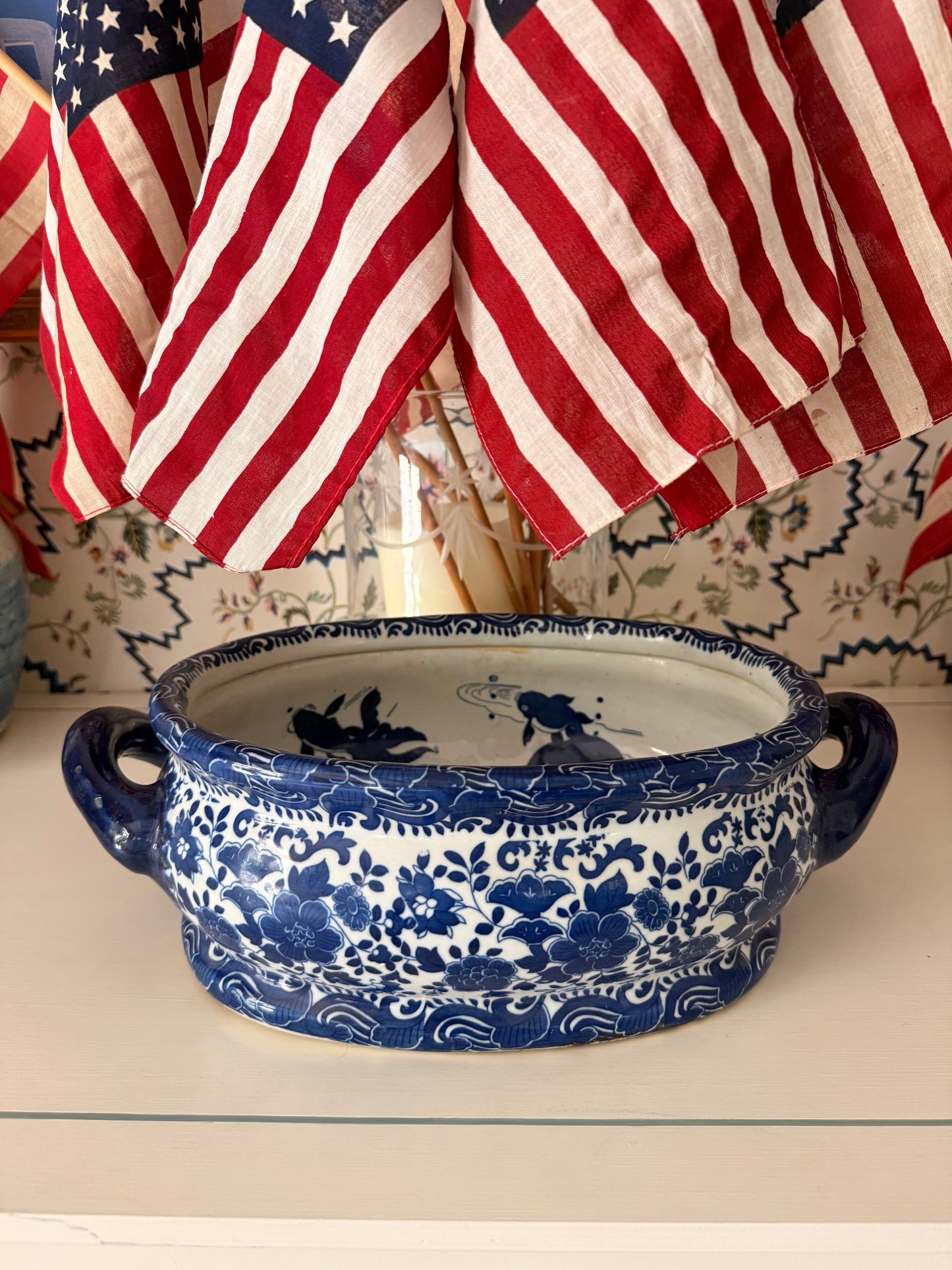 Chinoiserie Blue and White Footbath with Koi Fish