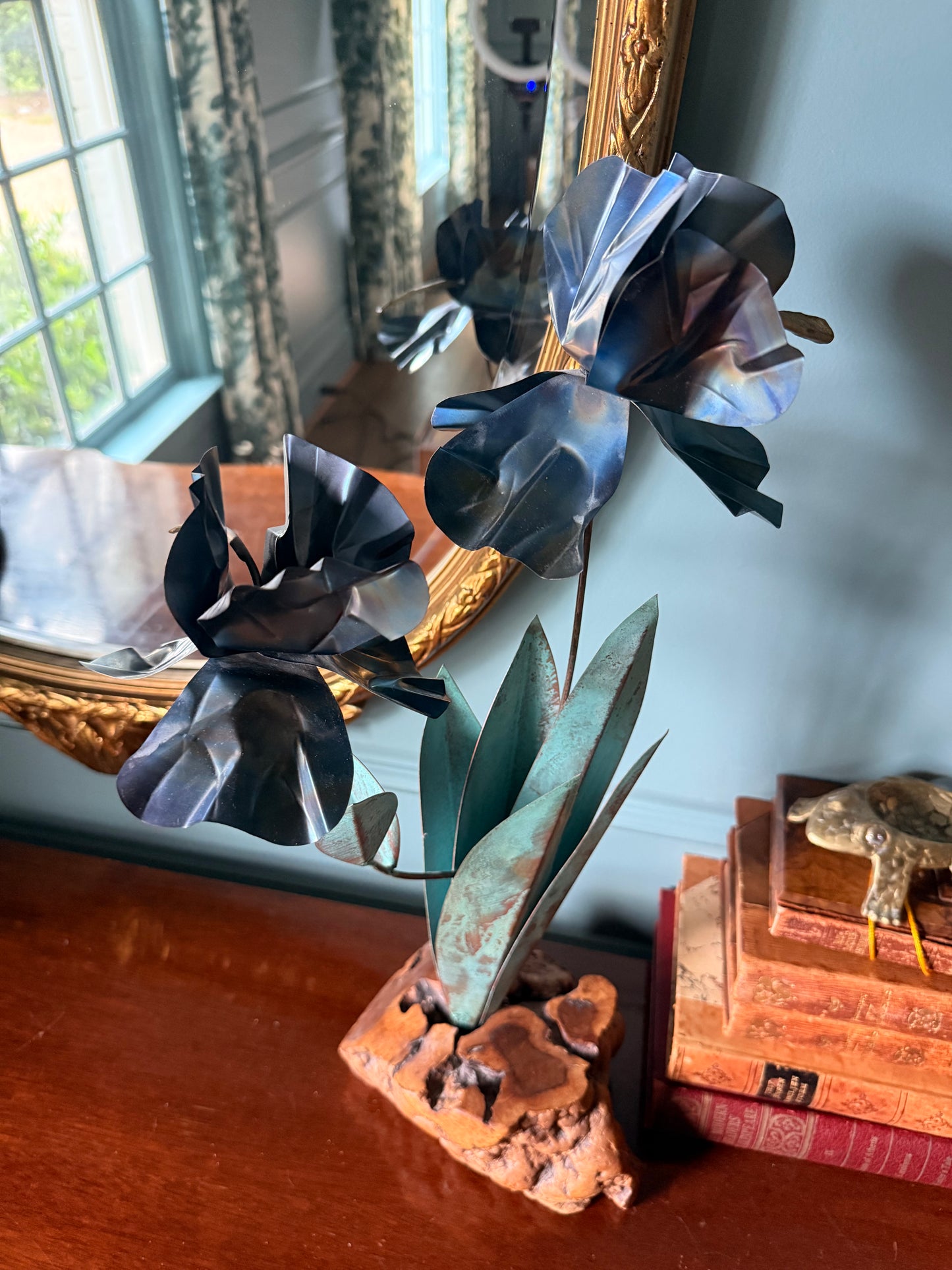Vintage Brutalist Metal Iris with Natural Burl Wood Base