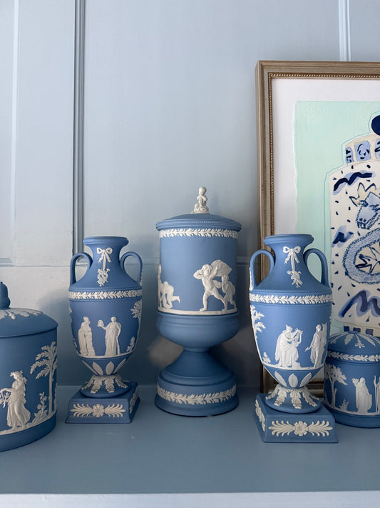 Wedgwood Jasperware Cream on Lavender Lidded Urn with Cherubs