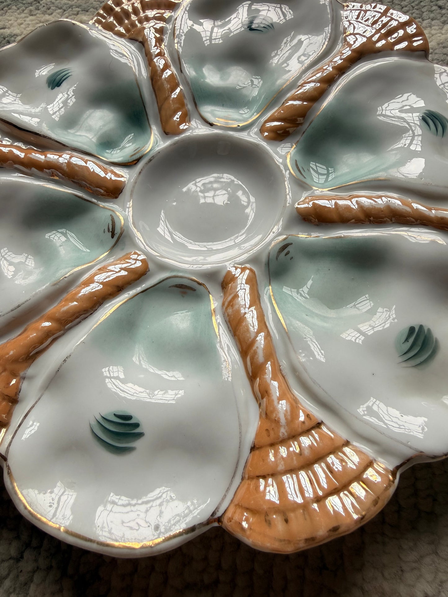 Antique French Porcelain Oyster Plates Seafoam