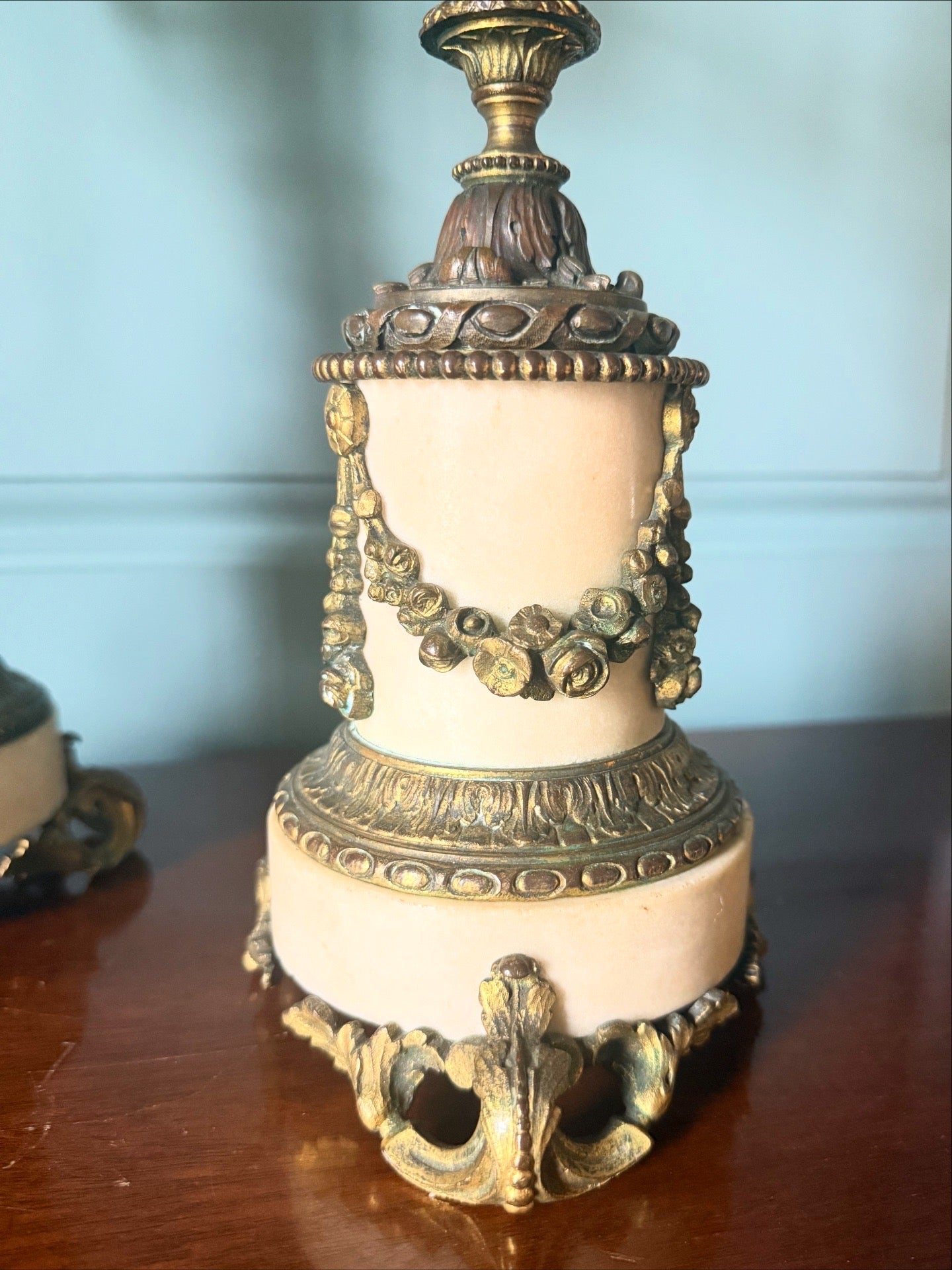 Pair Antique Bronze and Marble Four Stick Candelabras