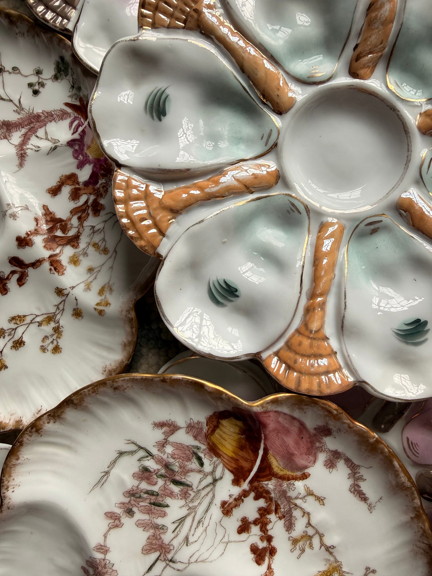 Antique French Porcelain Oyster Plates Seafoam