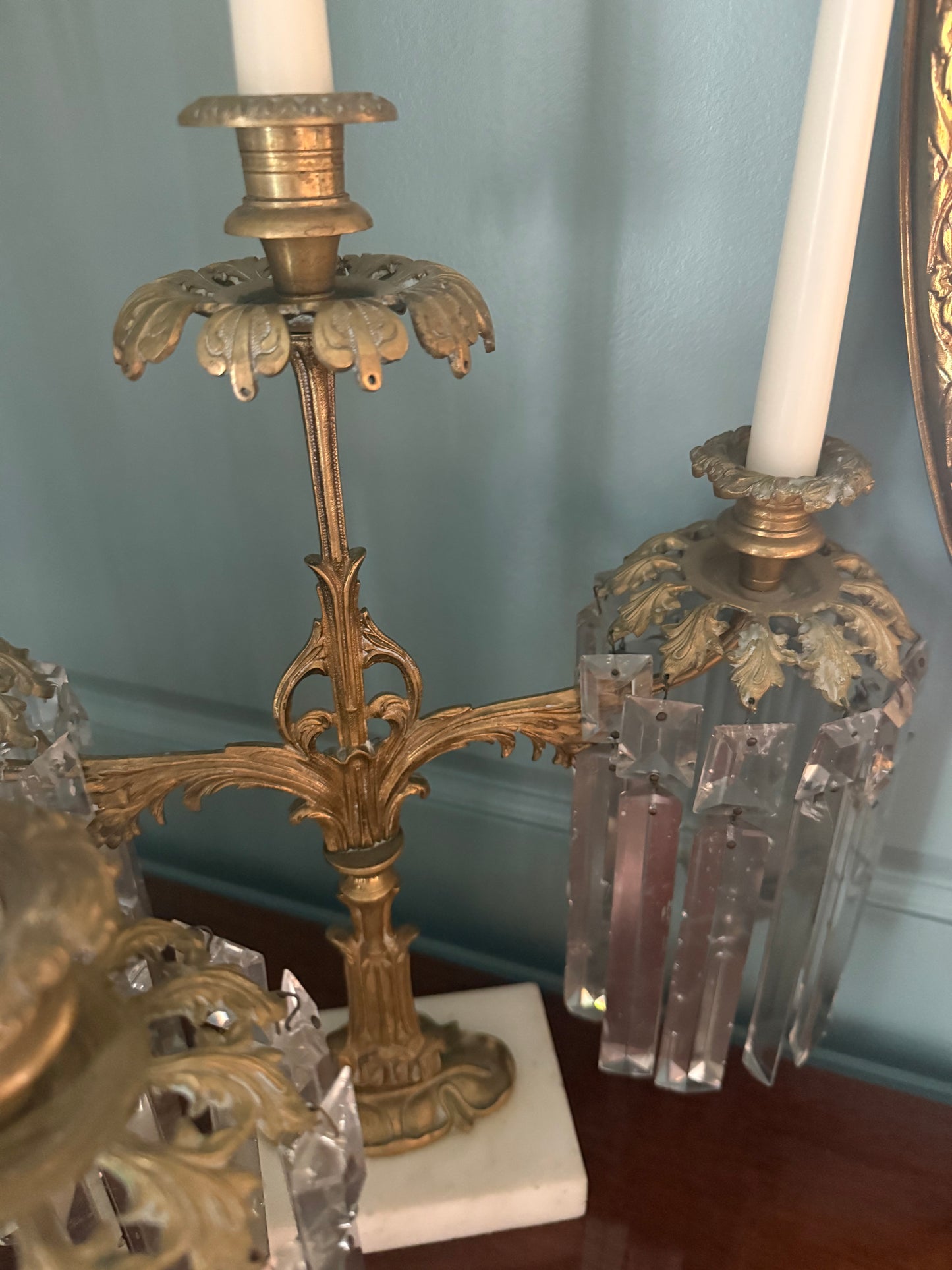 Pair Antique Bronze, Marble and Crystal Three-Arm Grandioles