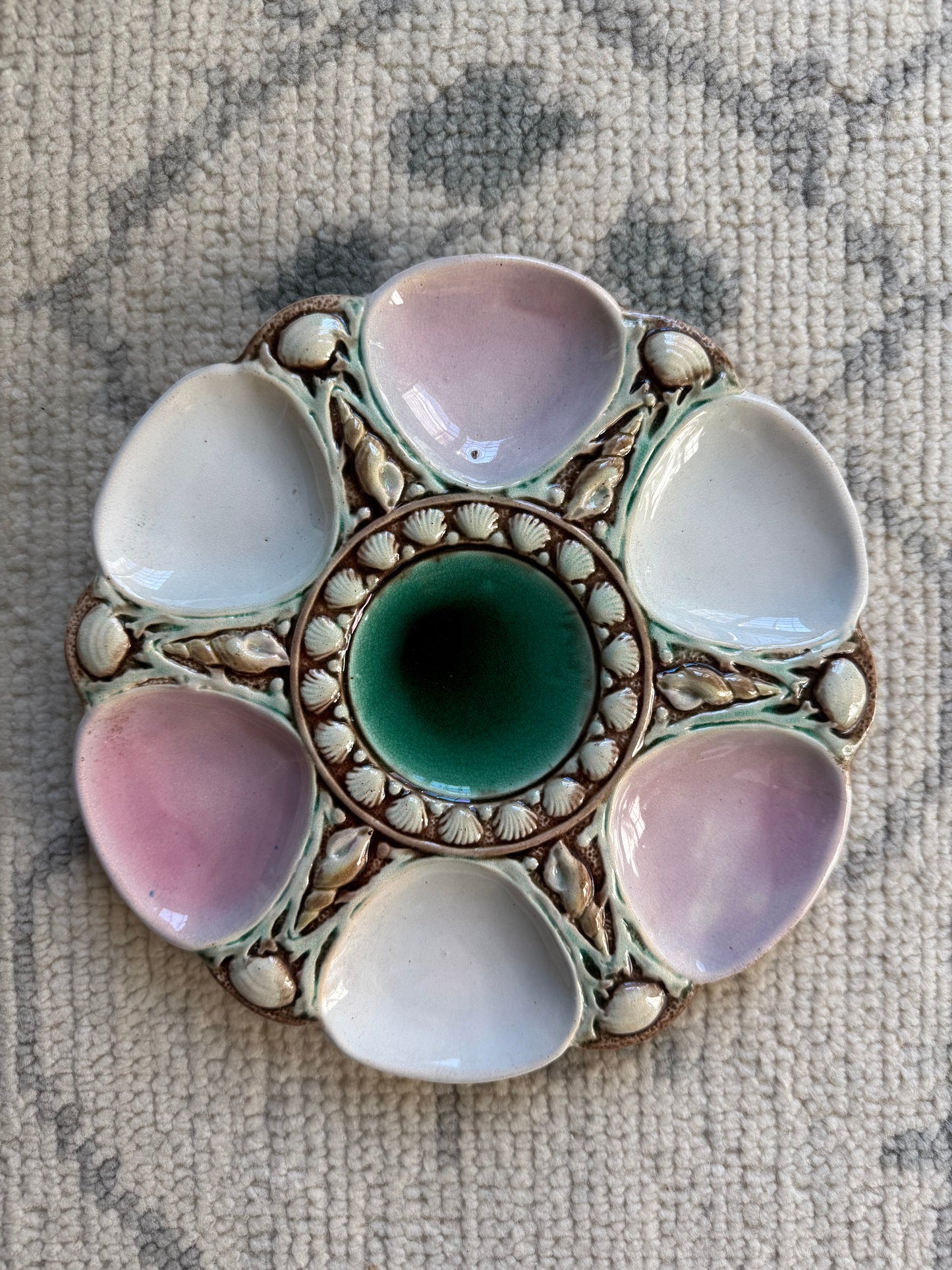 Antique English Majolica Six Well Oyster Plate - Pink