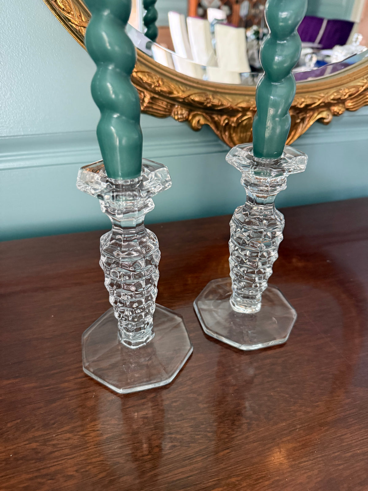 Pair of Vintage Fostoria American Octagonal Base Candlesticks