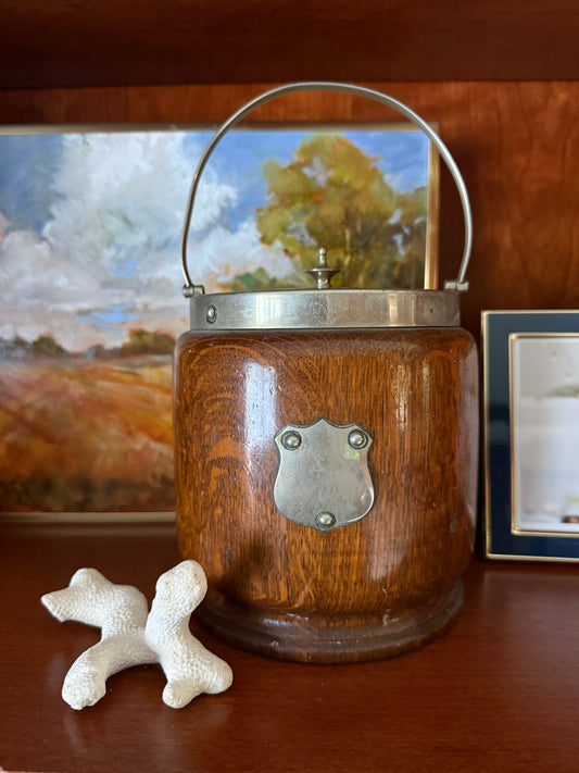 Antique English Oak and Silverplate Biscuit Barrel