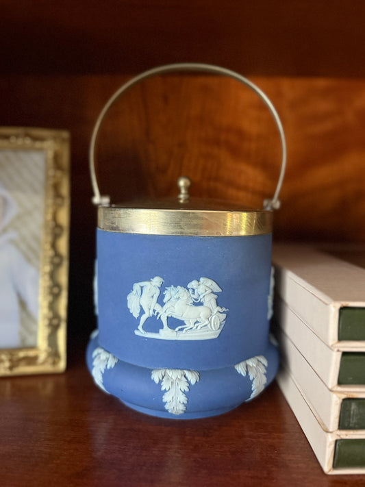 Antique Wedgwood Jasperware royal blue dipped biscuit barrel