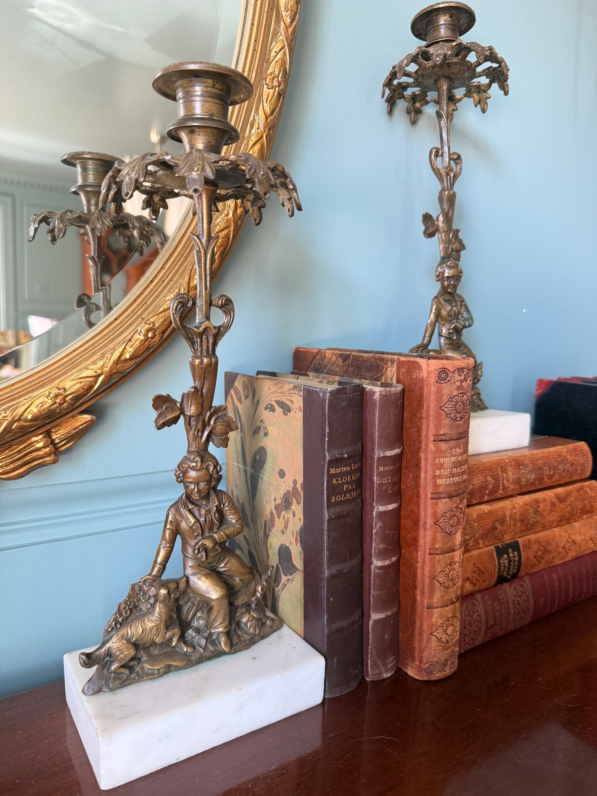 Pair of Antique Cast Bronze and Marble Candlesticks