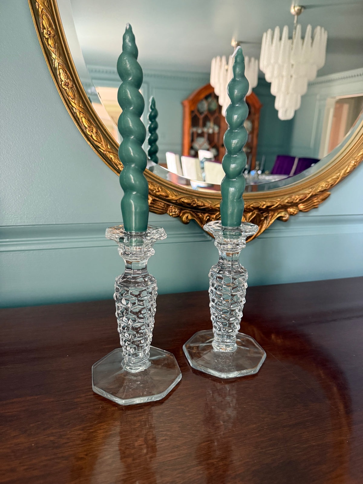 Pair of Vintage Fostoria American Octagonal Base Candlesticks