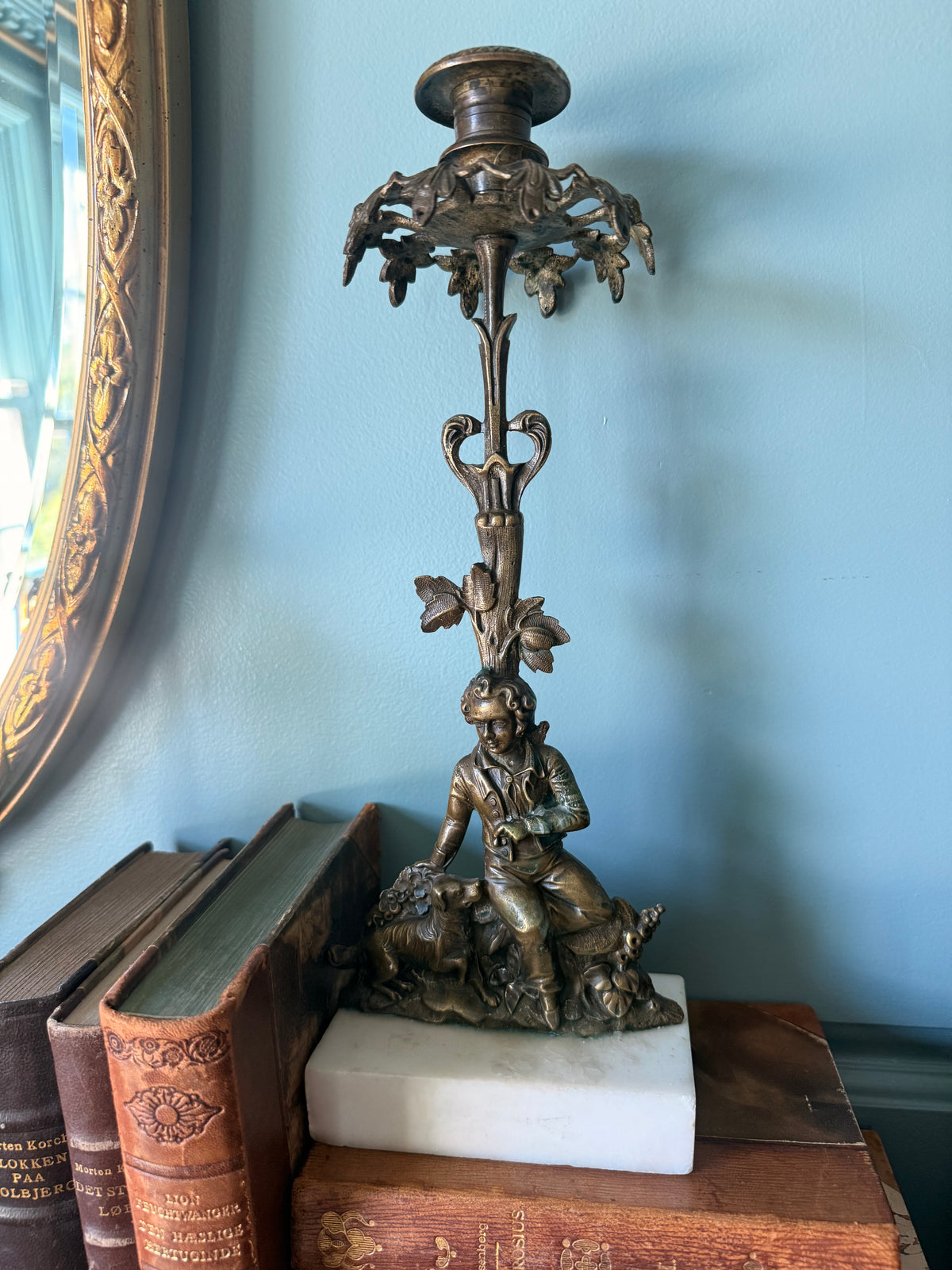 Pair of Antique Cast Bronze and Marble Candlesticks