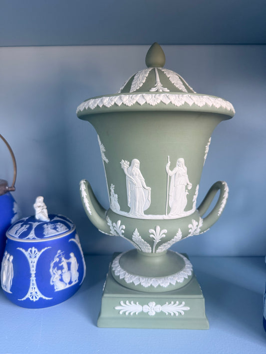 Wedgwood Jasperware Cream on Sage Lidded Double-handled Urn