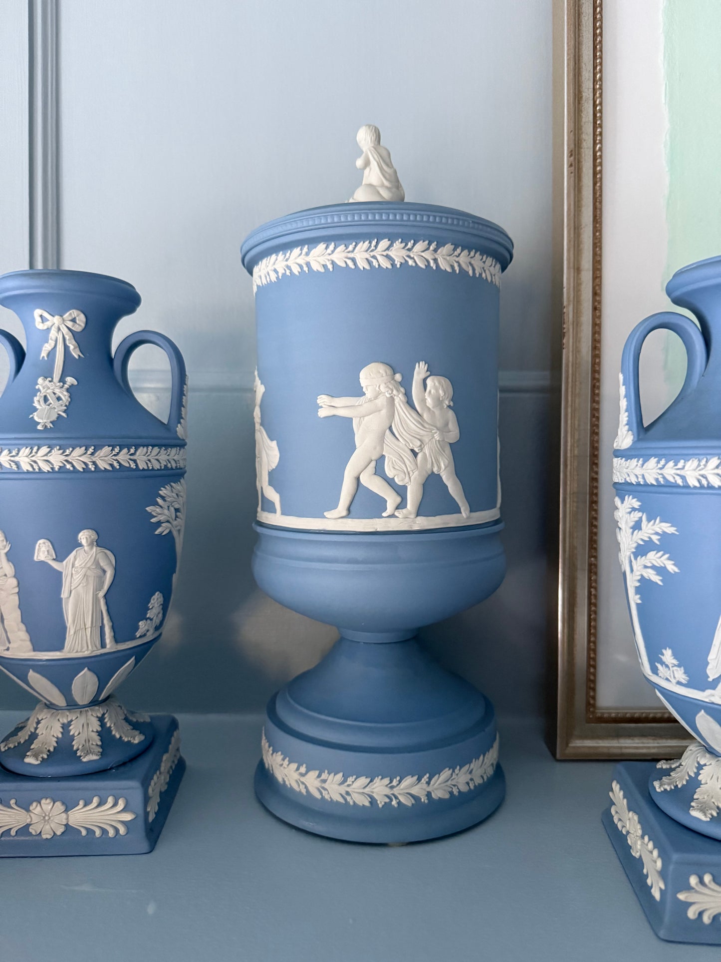 Wedgwood Jasperware Cream on Lavender Lidded Urn with Cherubs