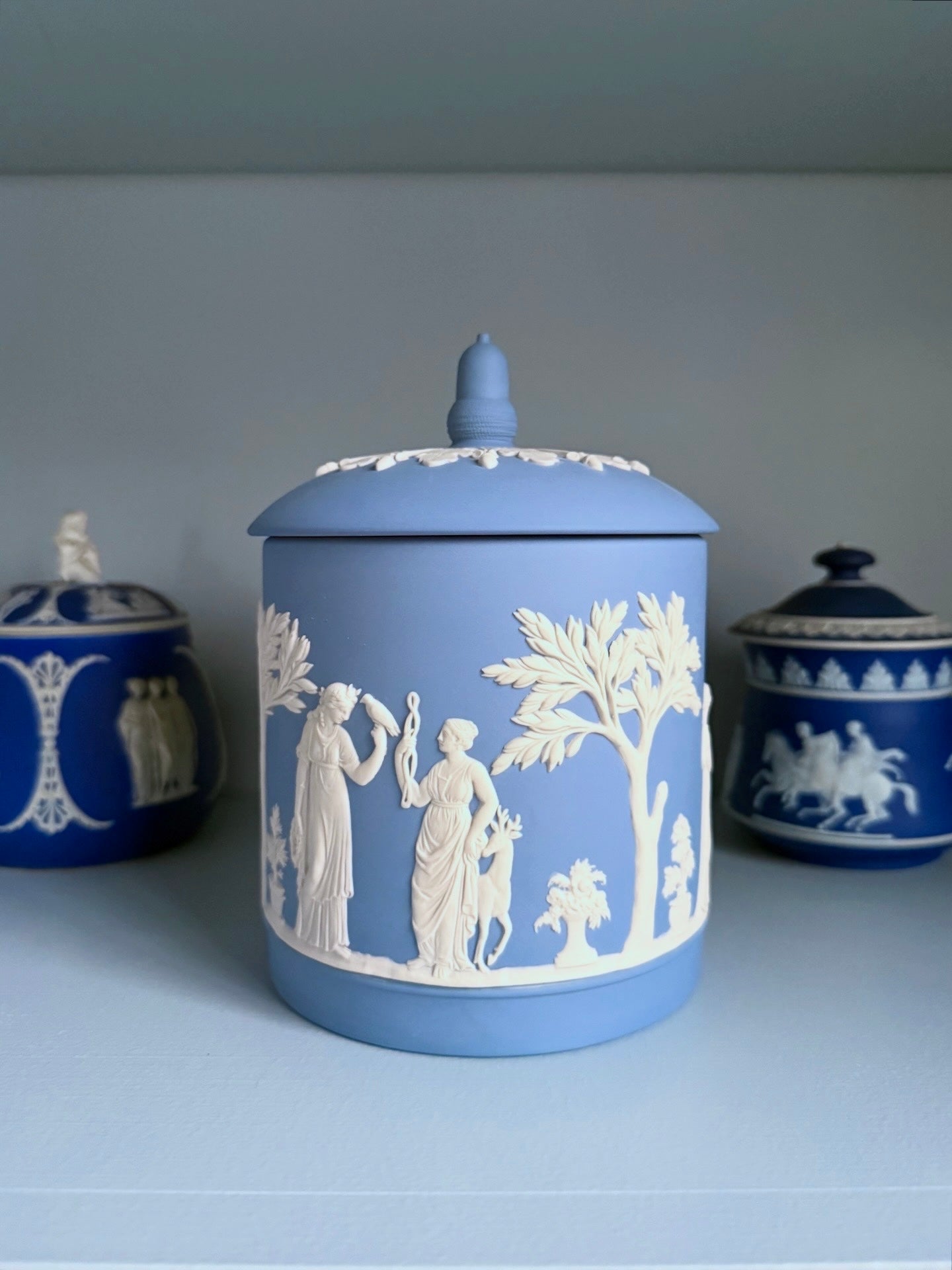 Wedgwood Jasperware Cream on Lavender Acorn Finial Lidded Jar