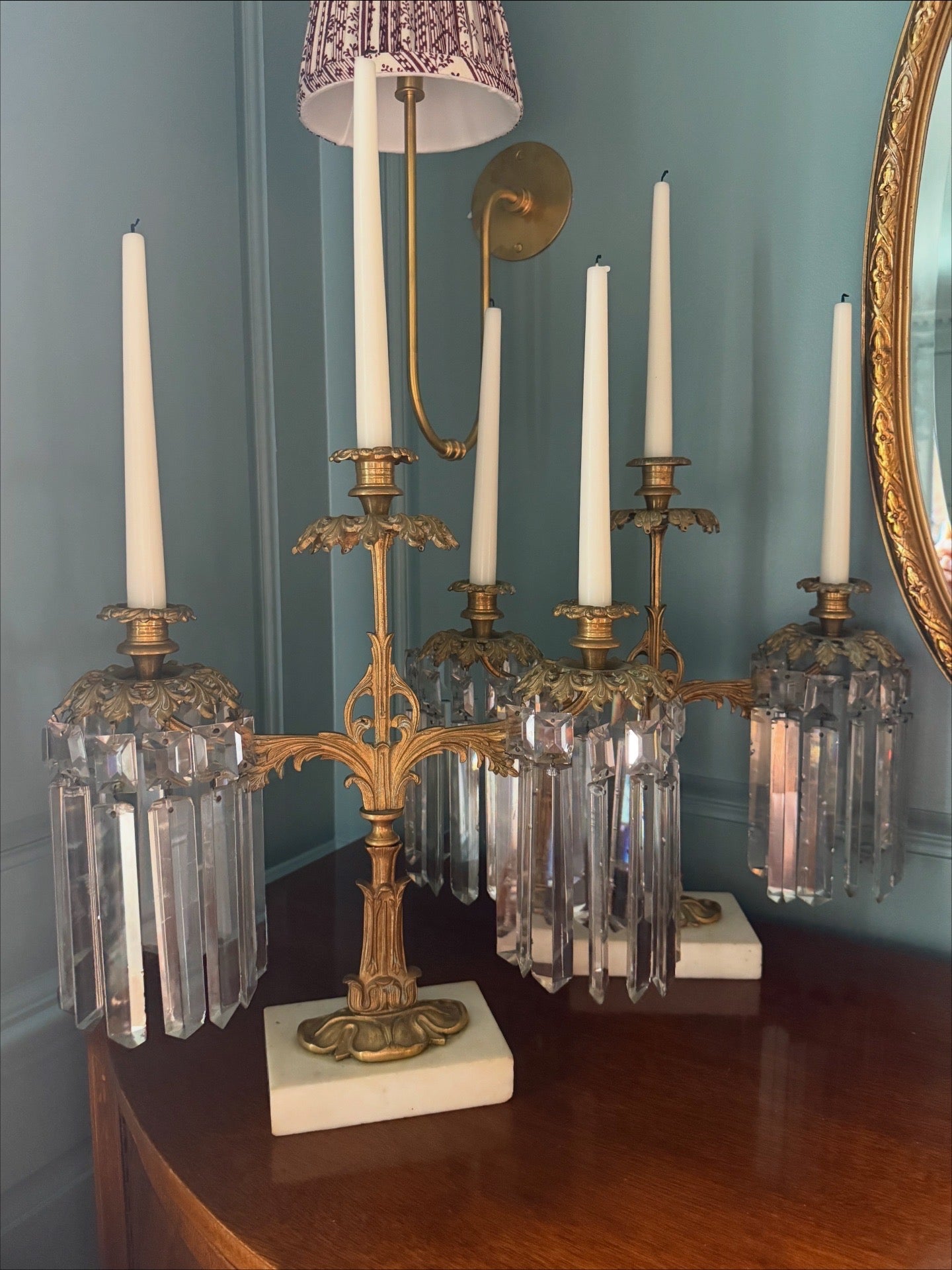 Pair Antique Bronze, Marble and Crystal Three-Arm Grandioles