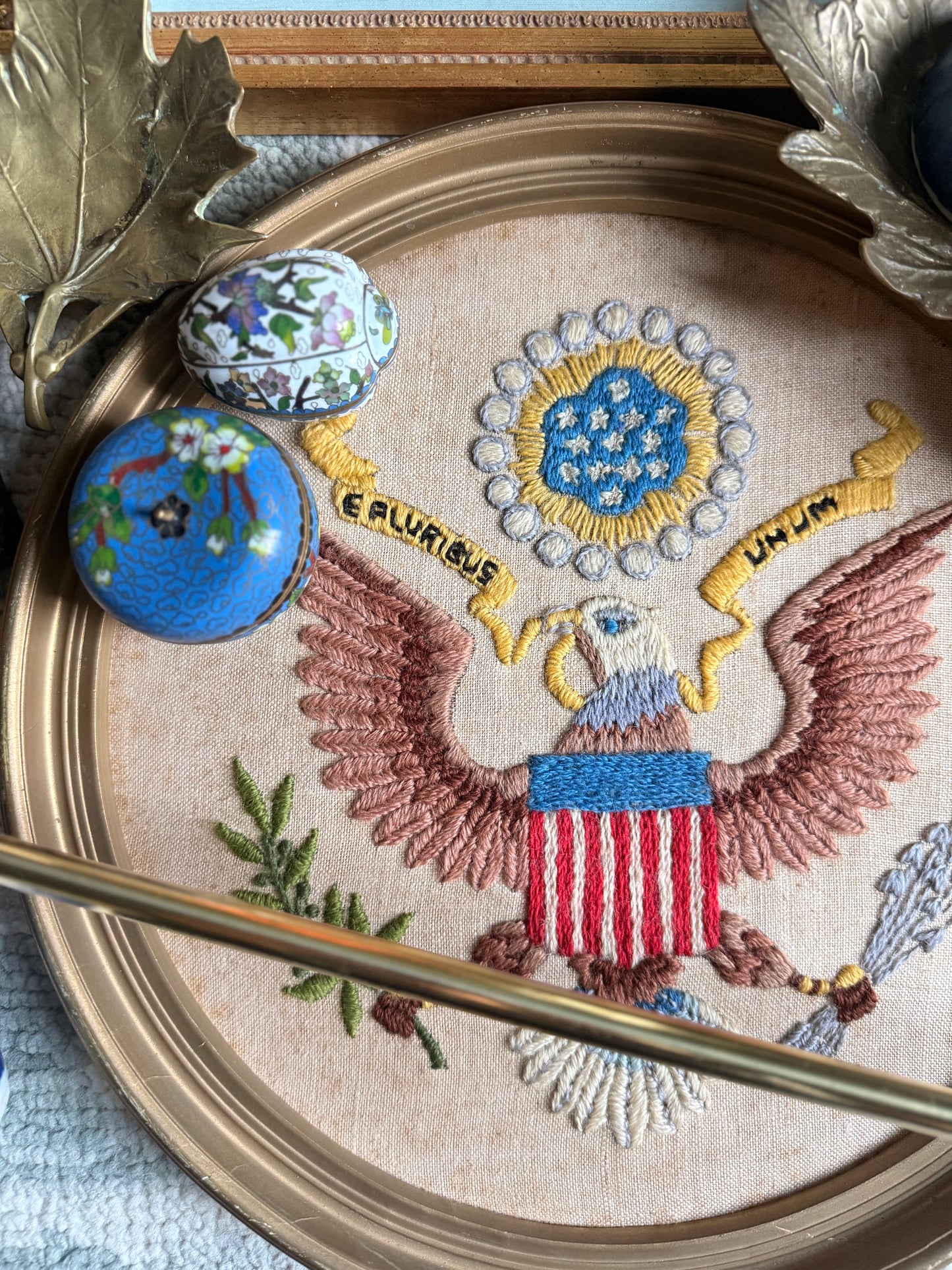 Vintage Crewel Embroidery United States Bald Eagle Seal