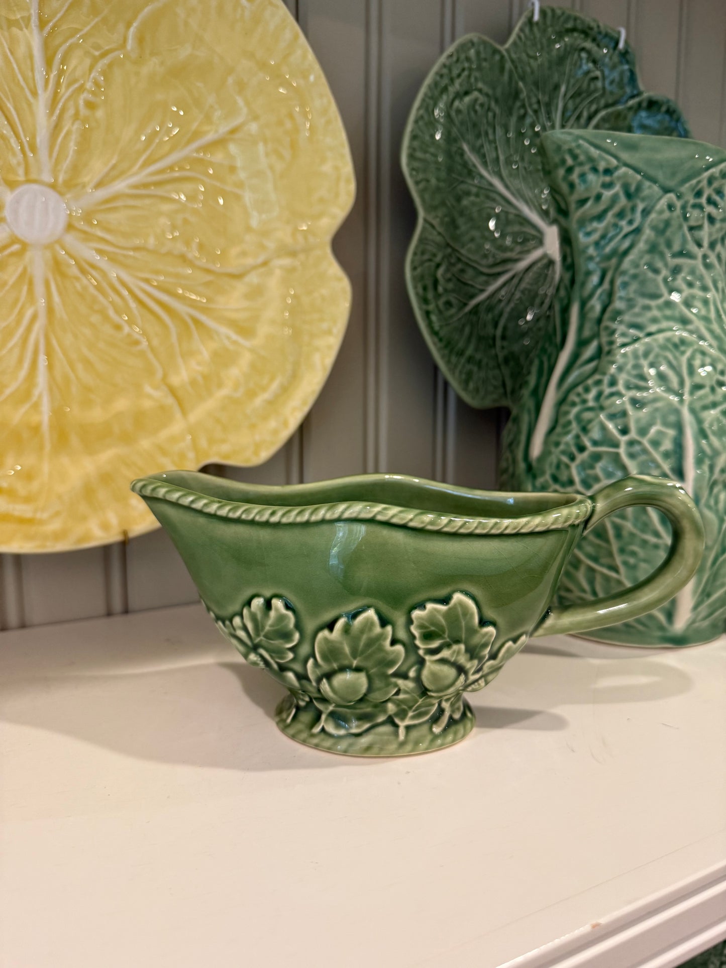 Vintage Bordallo Pinheiro Oak Lead Green Gravy Boat