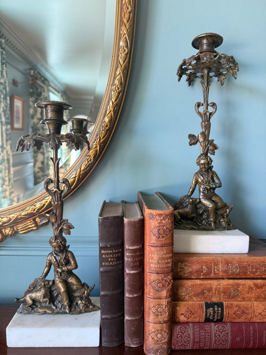 Pair of Antique Cast Bronze and Marble Candlesticks