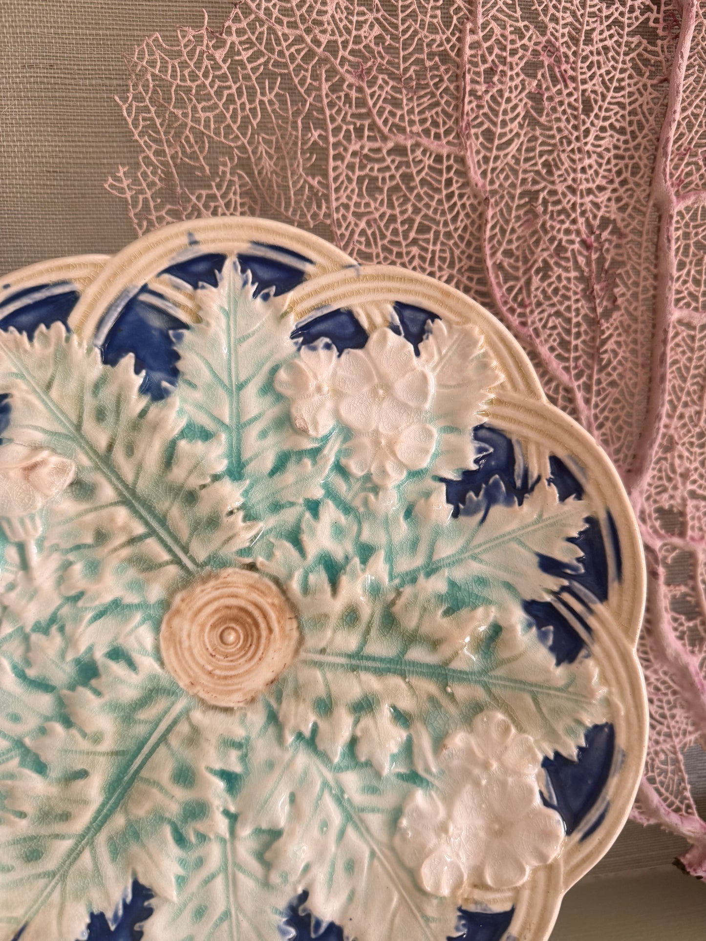 Antique Majolica Leaves on Basket Weave Plate