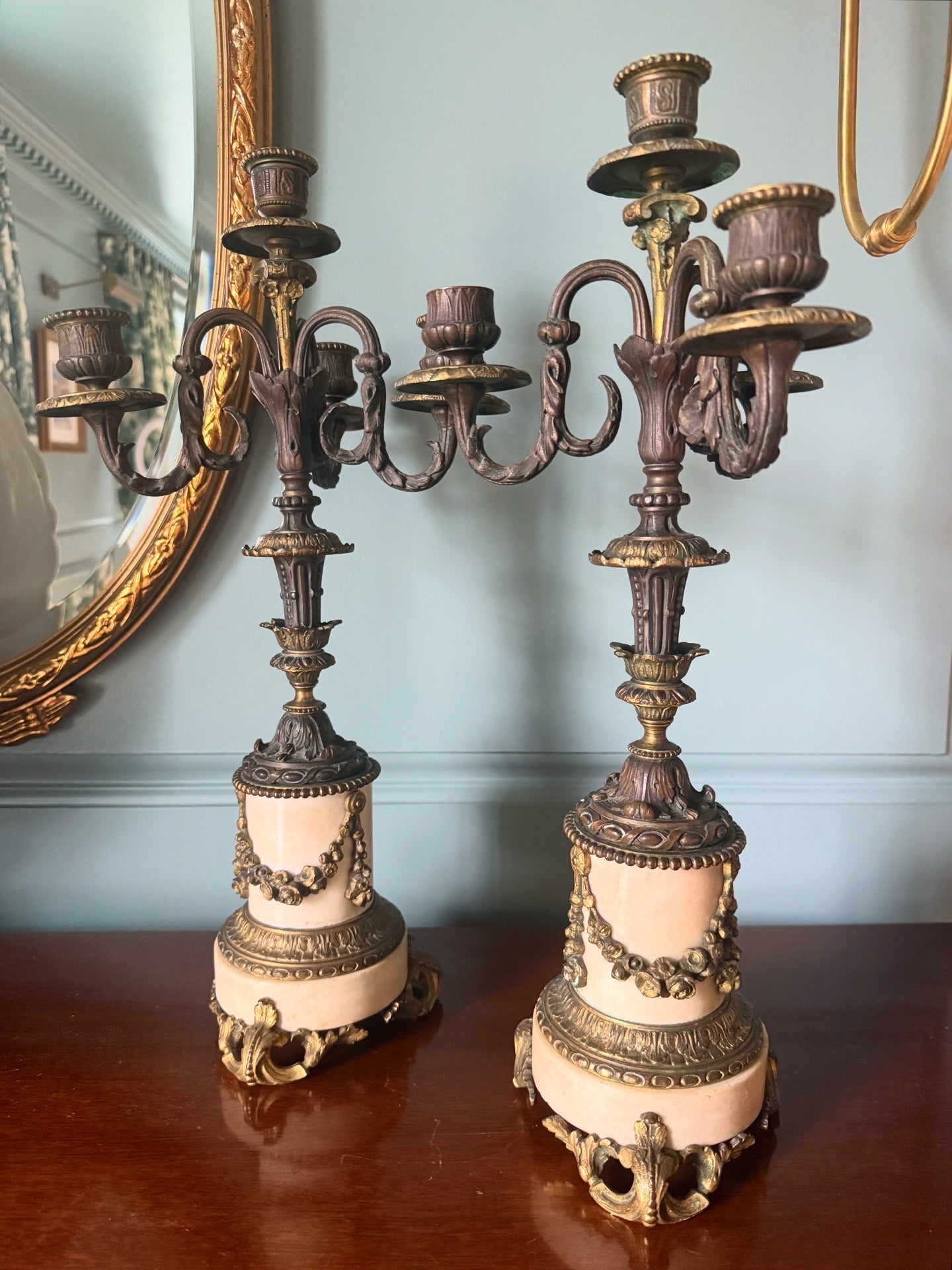 Pair Antique Bronze and Marble Four Stick Candelabras