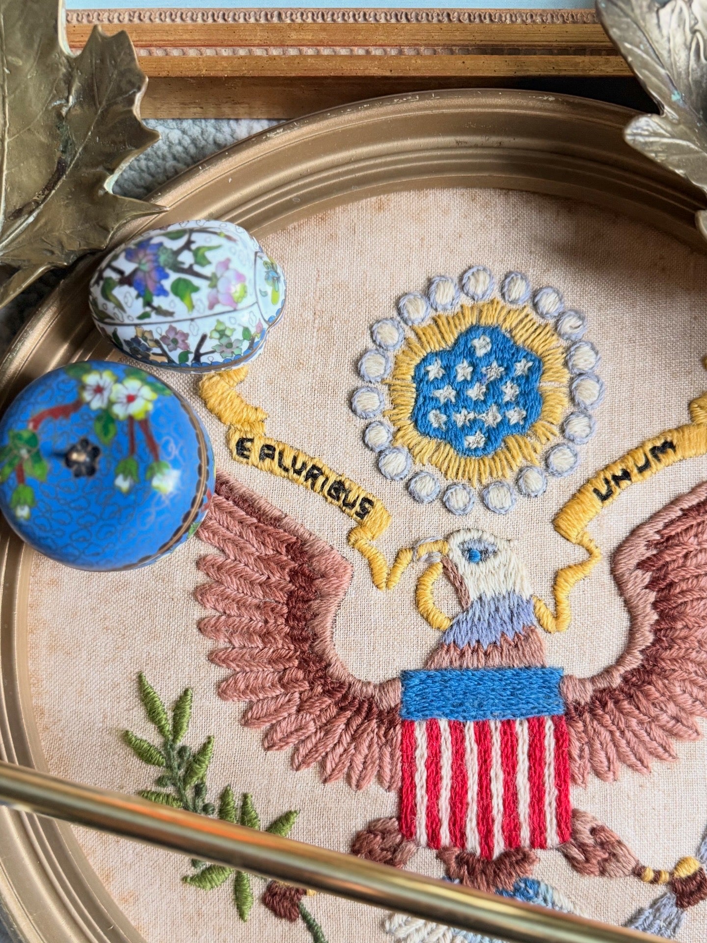 Vintage Crewel Embroidery United States Bald Eagle Seal