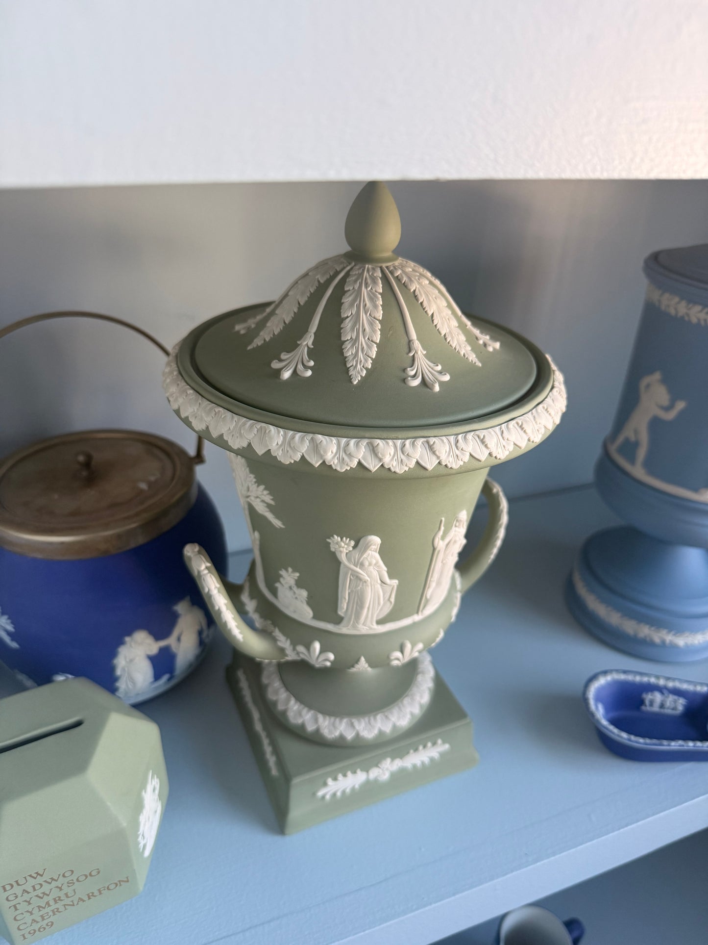 Wedgwood Jasperware Cream on Sage Lidded Double-handled Urn