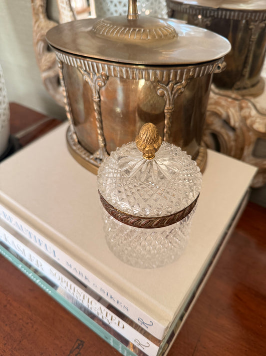 Vintage Cut Crystal and Brass Plated Canister with Acorn Knob